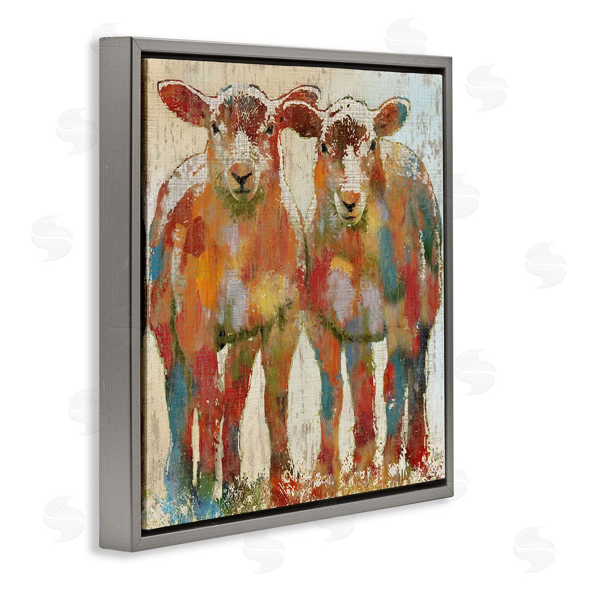 Nan Abstract Sheep Pair Contemporary Rustic Patchwork Pattern Gray Floating Frame Canvas Wall Art Print