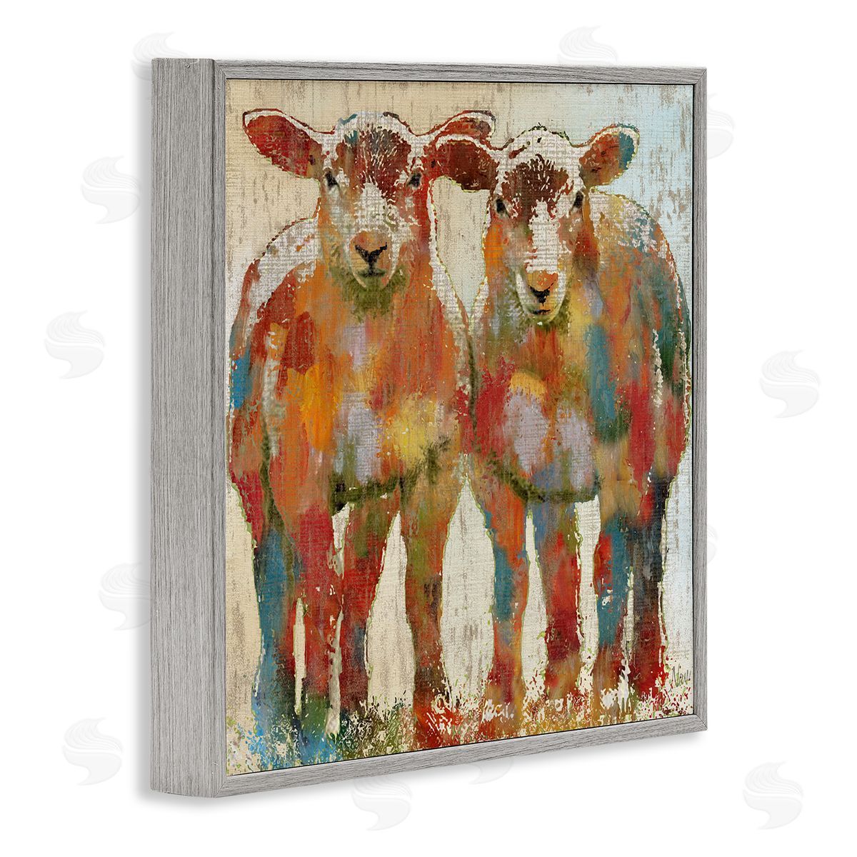 Nan Abstract Sheep Pair Contemporary Rustic Patchwork Pattern Gray Framed Glicee Wall Art Print
