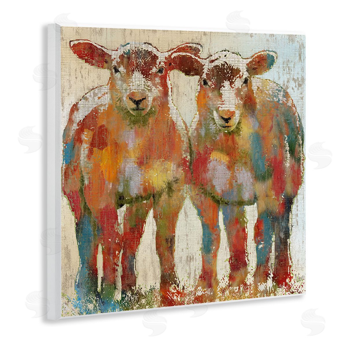 Nan Abstract Sheep Pair Contemporary Rustic Patchwork Pattern Wooden Wall Plaque Art Print