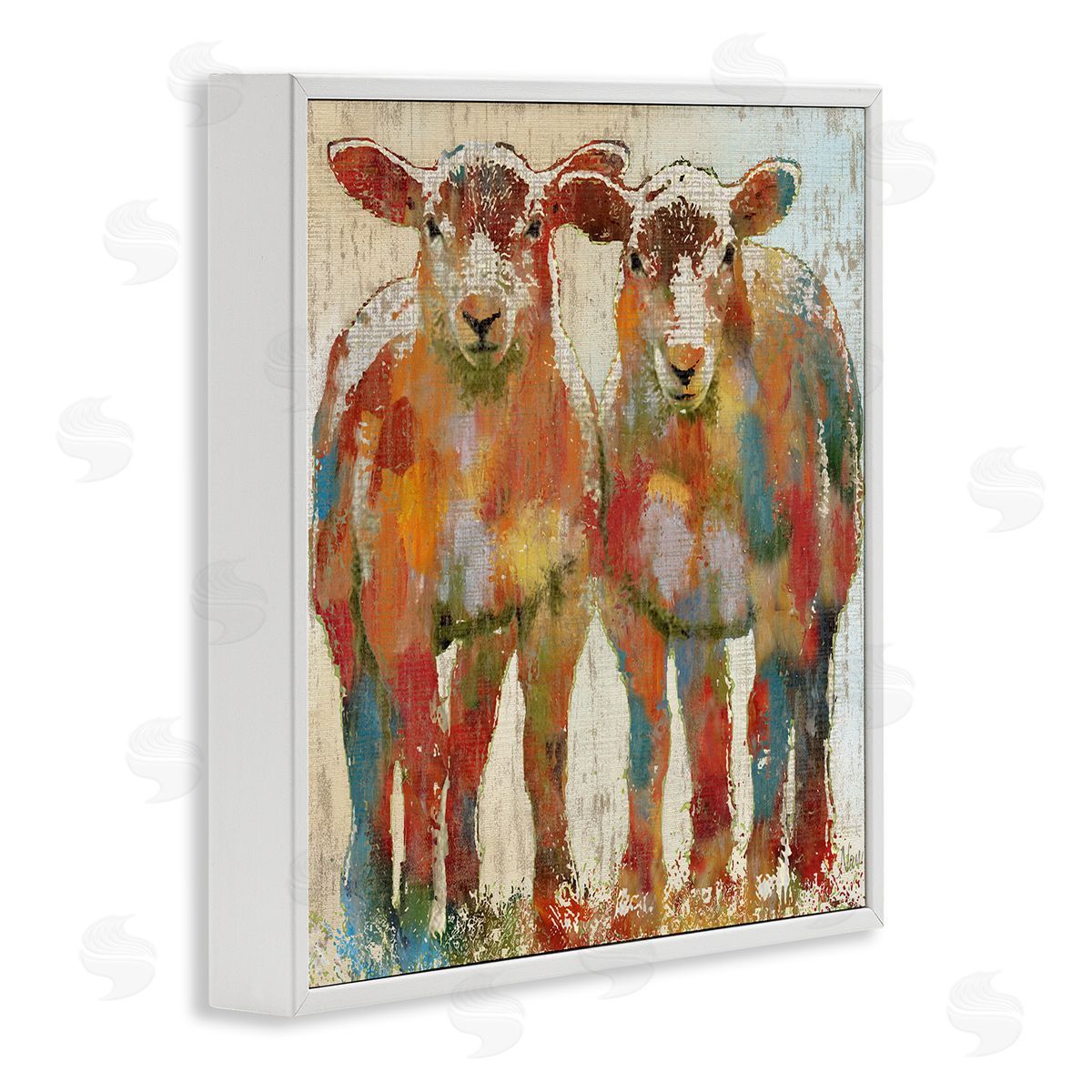 Nan Abstract Sheep Pair Contemporary Rustic Patchwork Pattern White Framed Glicee Wall Art Print
