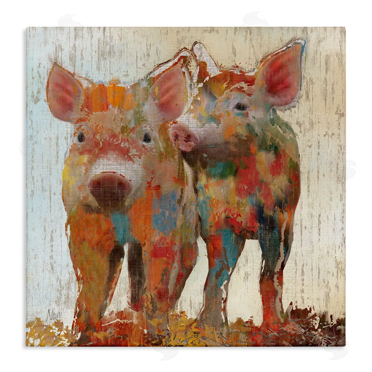 Nan Rustic Farm Pigs Abstract Contemporary Patchwork Pattern Stretched Canvas Wall Art Print