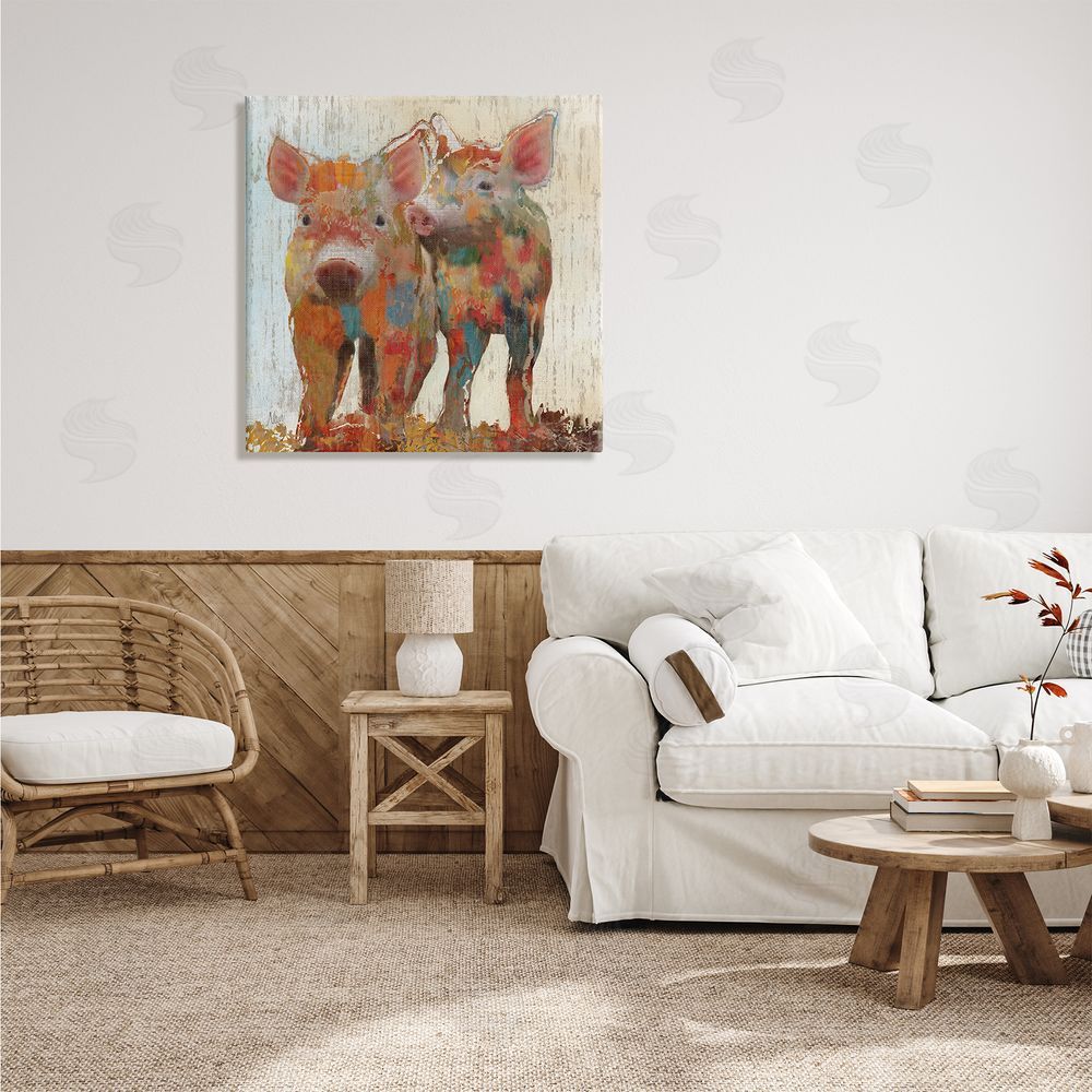 Nan Rustic Farm Pigs Abstract Contemporary Patchwork Pattern Canvas Wall Art in Room