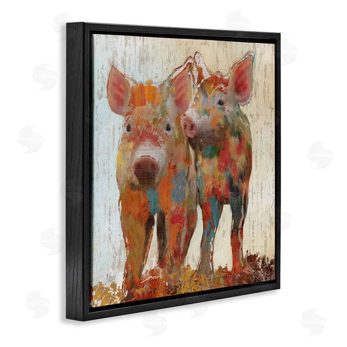 Nan Rustic Farm Pigs Abstract Contemporary Patchwork Pattern Black Floating Frame Canvas Wall Art Print