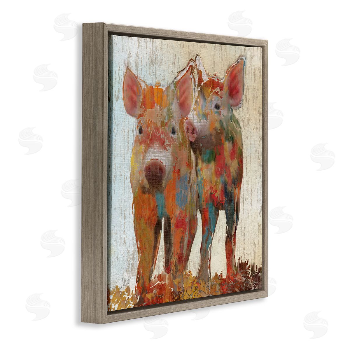 Nan Rustic Farm Pigs Abstract Contemporary Patchwork Pattern Brown Floating Frame Canvas Wall Art Print