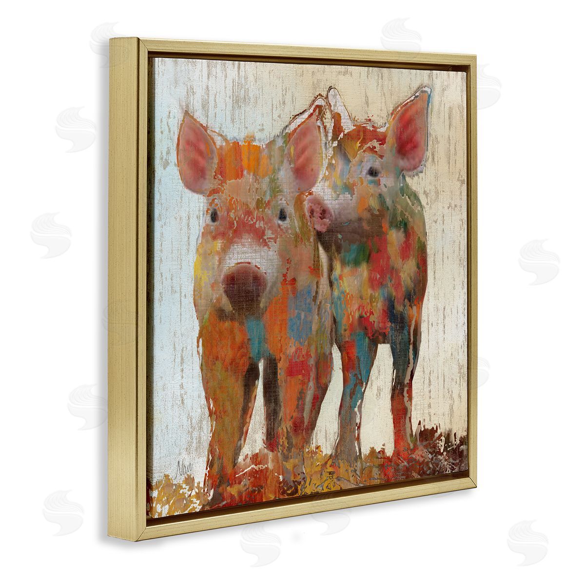 Nan Rustic Farm Pigs Abstract Contemporary Patchwork Pattern Gold Floating Frame Canvas Wall Art Print