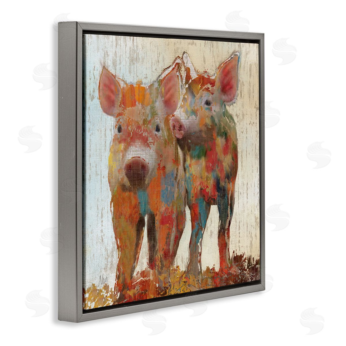Nan Rustic Farm Pigs Abstract Contemporary Patchwork Pattern Gray Floating Frame Canvas Wall Art Print