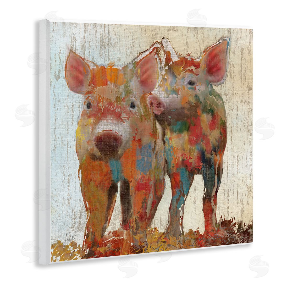 Nan Rustic Farm Pigs Abstract Contemporary Patchwork Pattern Wooden Wall Plaque Art Print