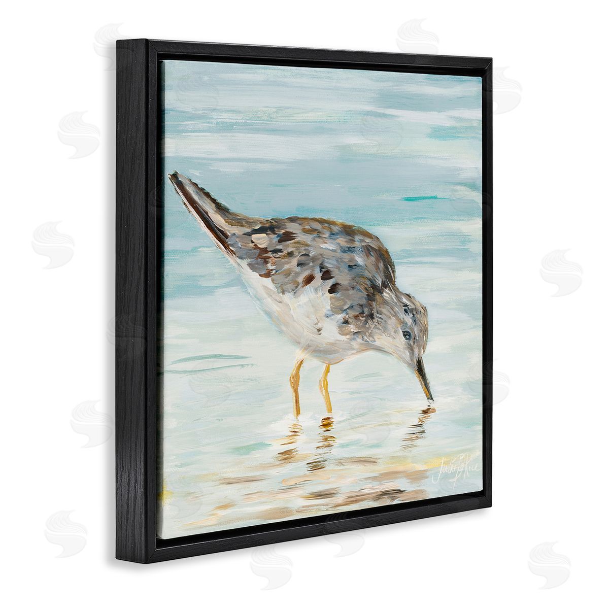 Sandpiper on Shallow Beach Coast Black Floating Frame Canvas Wall Art, Home Decor by Julie DeRice