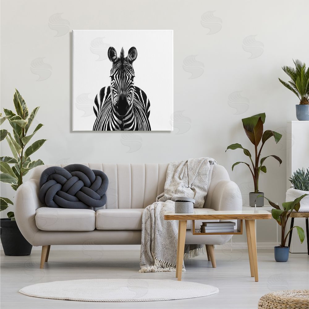 Victoria Borges Realistic Zebra Portrait Minimal Black White Wildlife Illustration Canvas Wall Art in Room