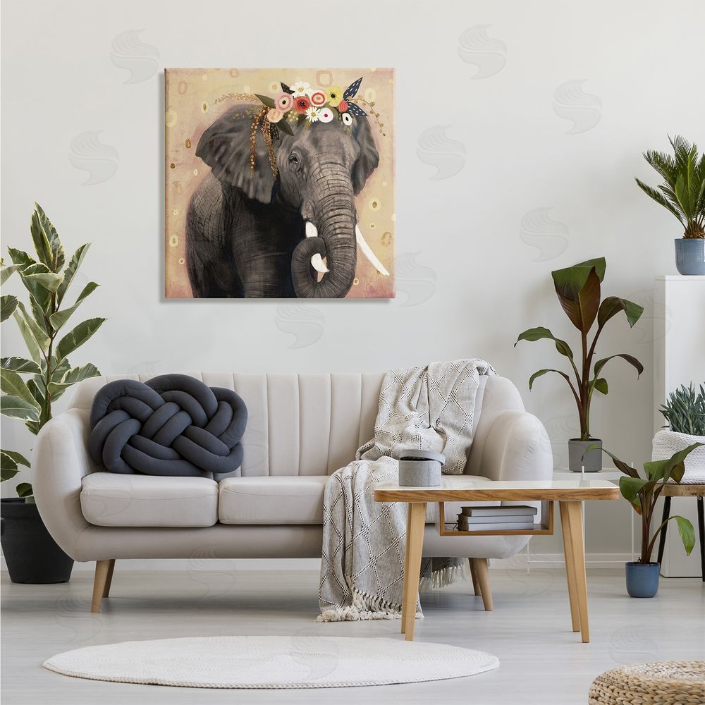 Victoria Barnes Elephant Large Tusks Floral Crown Abstract Shape Pattern Canvas Wall Art in Room