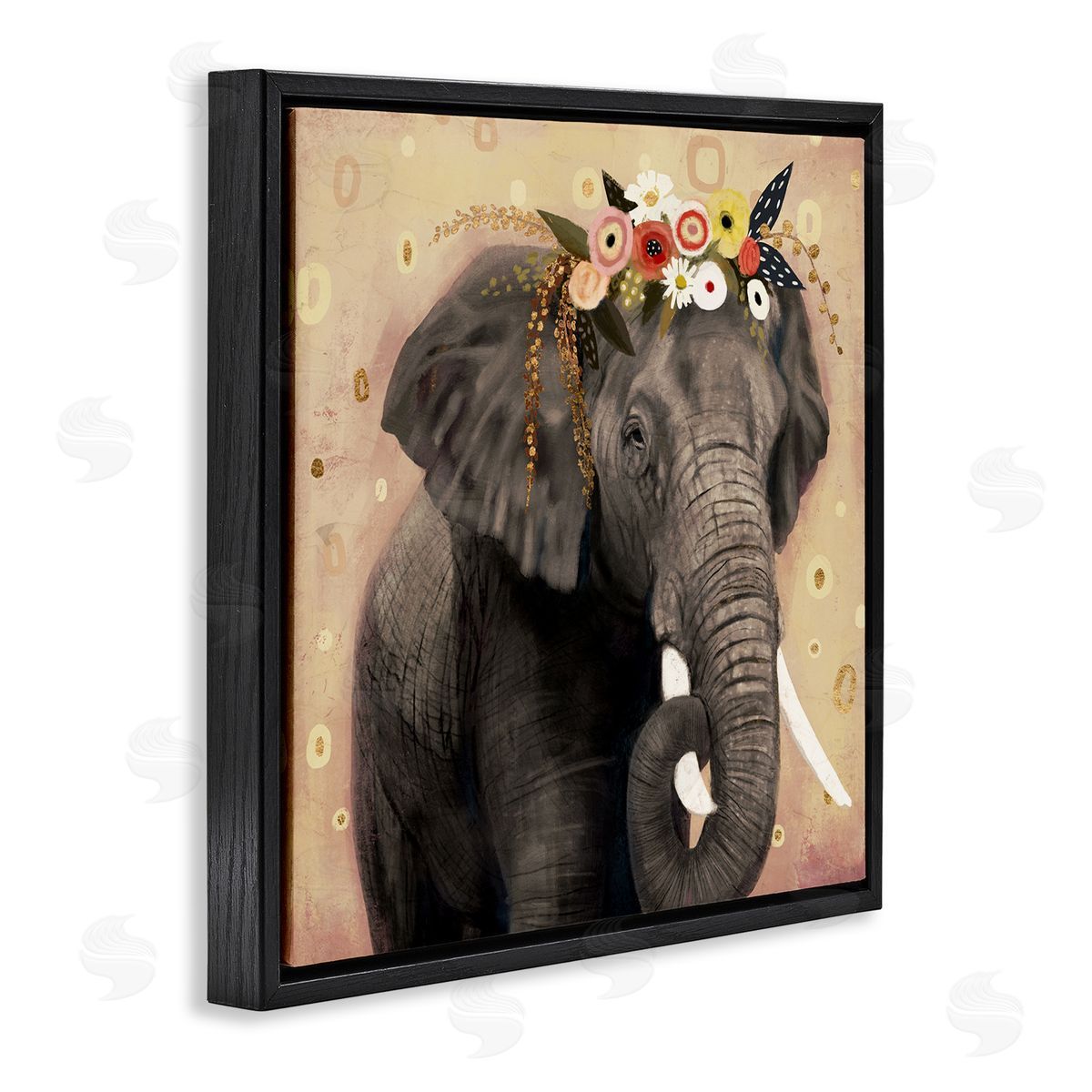 Victoria Barnes Elephant Large Tusks Floral Crown Abstract Shape Pattern Black Floating Frame Canvas Wall Art Print