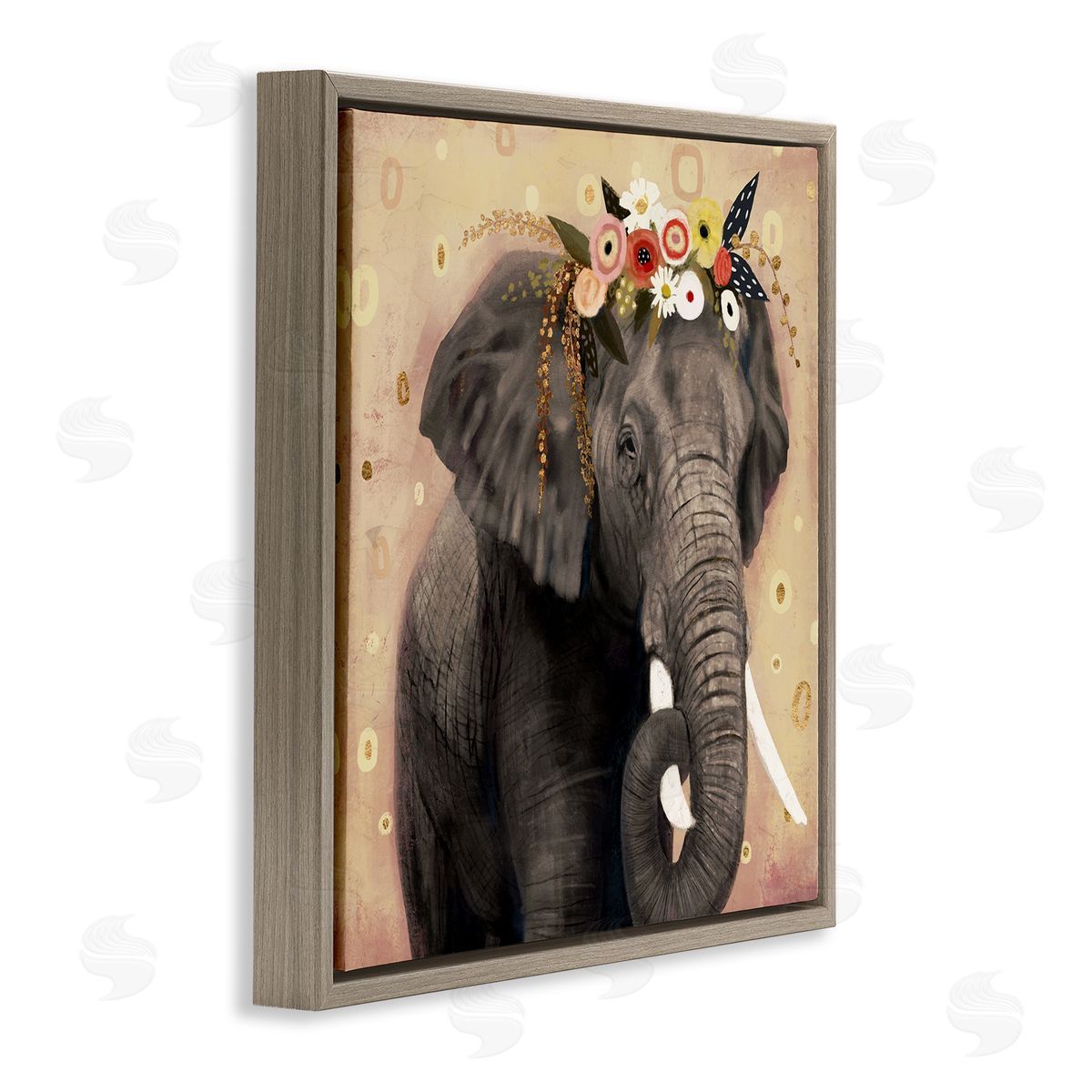 Victoria Barnes Elephant Large Tusks Floral Crown Abstract Shape Pattern Brown Floating Frame Canvas Wall Art Print