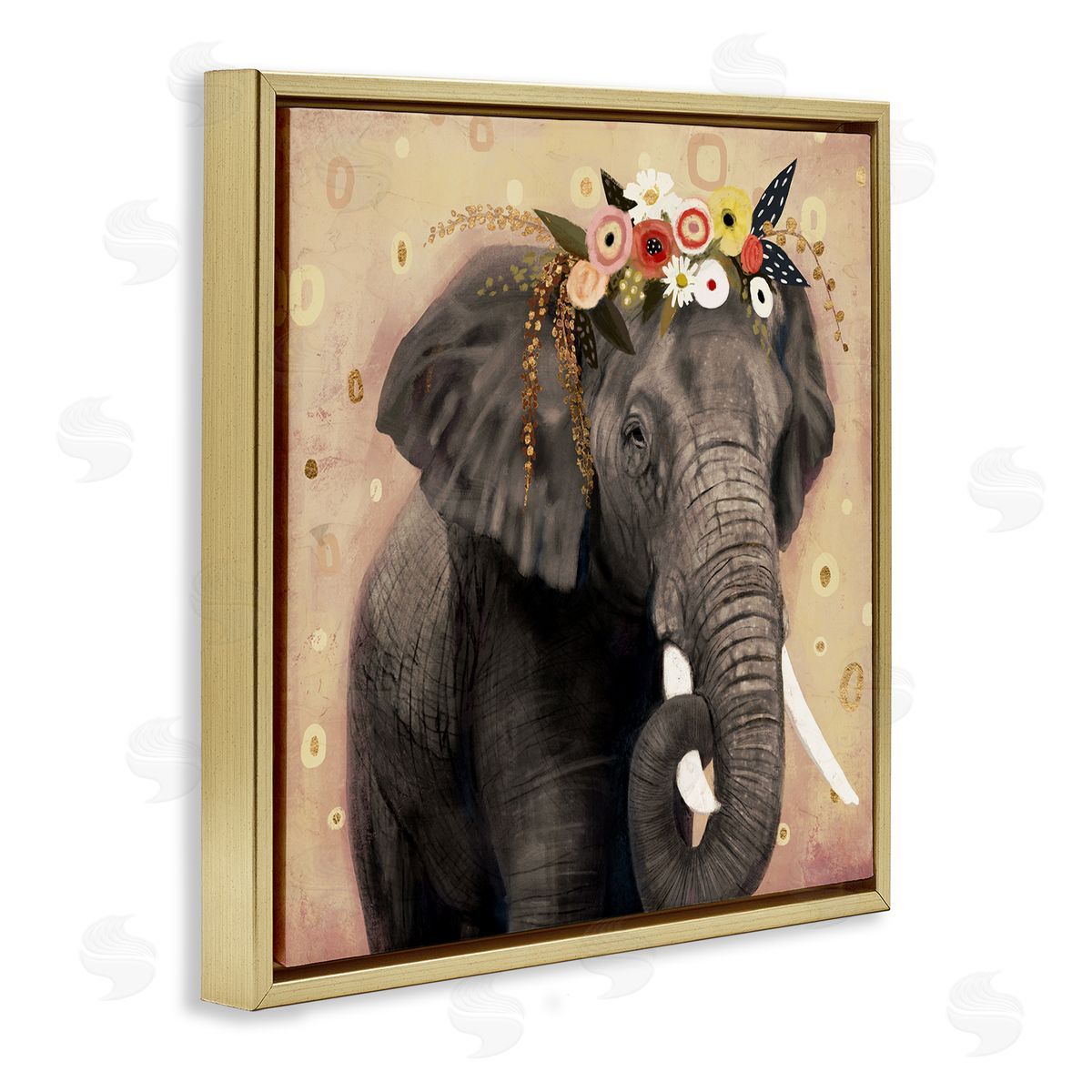 Victoria Barnes Elephant Large Tusks Floral Crown Abstract Shape Pattern Gold Floating Frame Canvas Wall Art Print