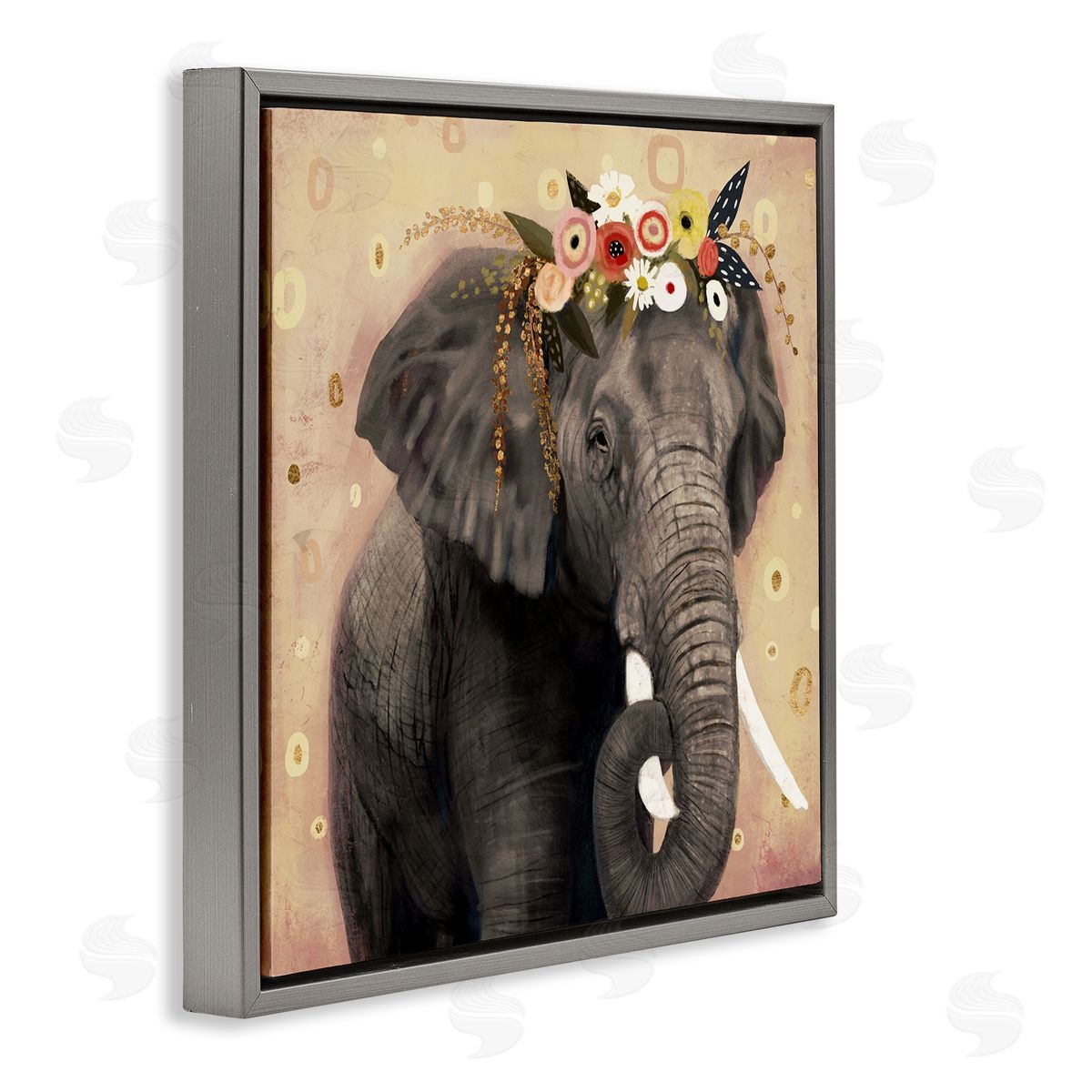 Victoria Barnes Elephant Large Tusks Floral Crown Abstract Shape Pattern Gray Floating Frame Canvas Wall Art Print