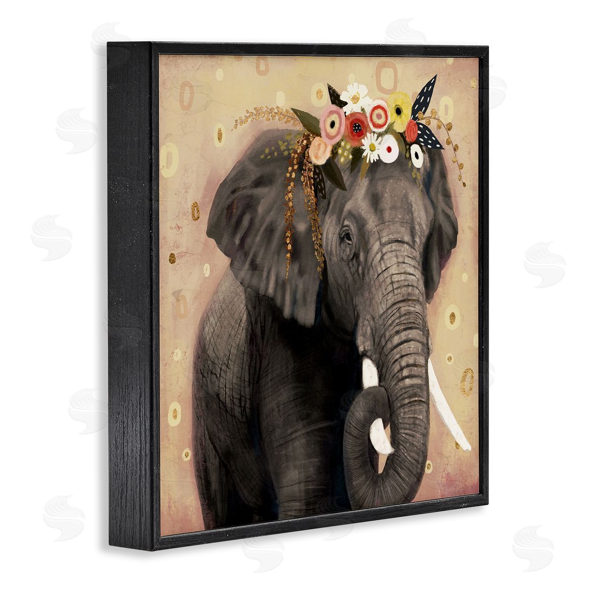 Victoria Barnes Elephant Large Tusks Floral Crown Abstract Shape Pattern Black Framed Glicee Wall Art Print