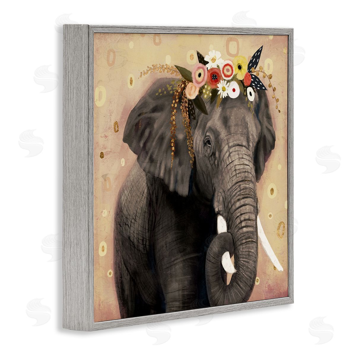 Victoria Barnes Elephant Large Tusks Floral Crown Abstract Shape Pattern Gray Framed Glicee Wall Art Print
