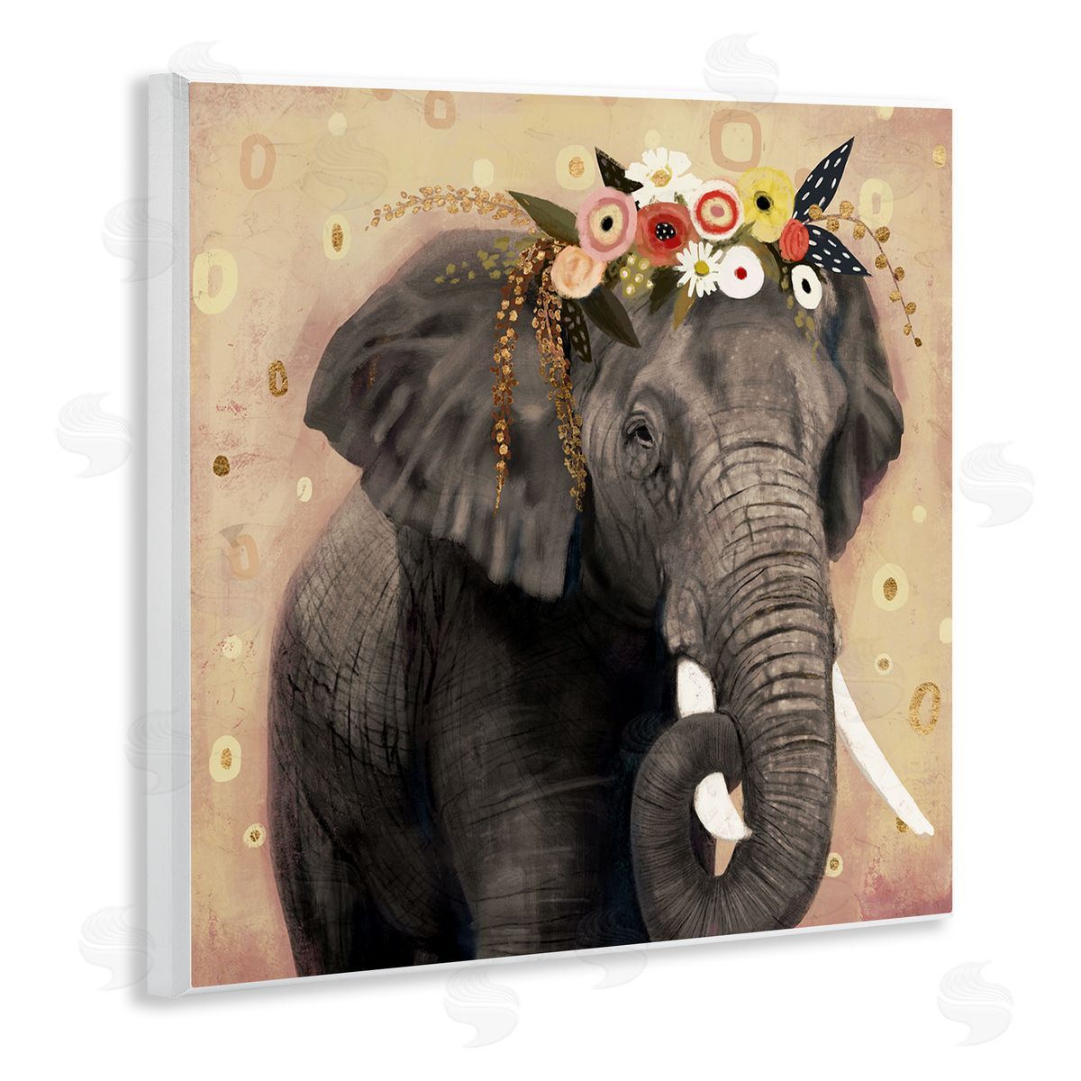 Victoria Barnes Elephant Large Tusks Floral Crown Abstract Shape Pattern Wooden Wall Plaque Art Print