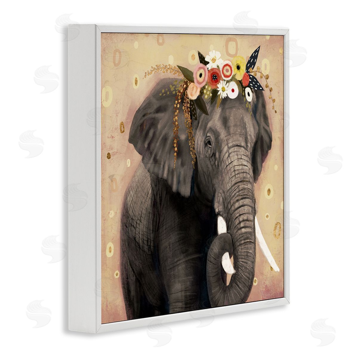 Victoria Barnes Elephant Large Tusks Floral Crown Abstract Shape Pattern White Framed Glicee Wall Art Print