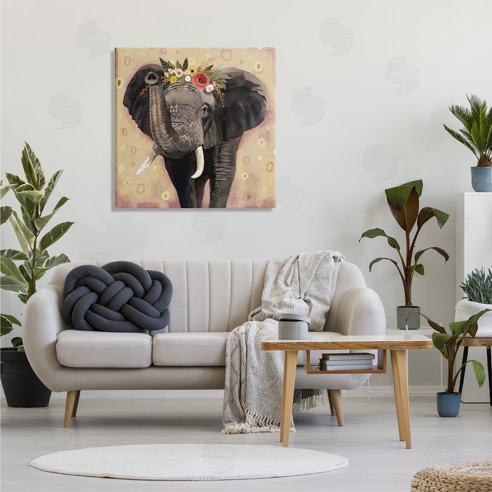 Victoria Barnes Elephant Raising Trunk Portrait Floral Crown Abstract Pattern Canvas Wall Art in Room