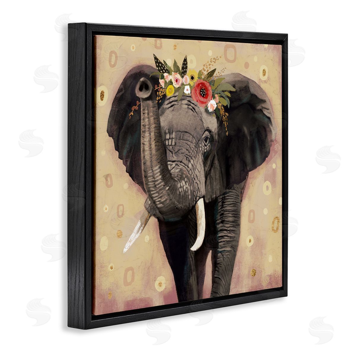 Victoria Barnes Elephant Raising Trunk Portrait Floral Crown Abstract Pattern Black Floating Frame Canvas Wall Art Print