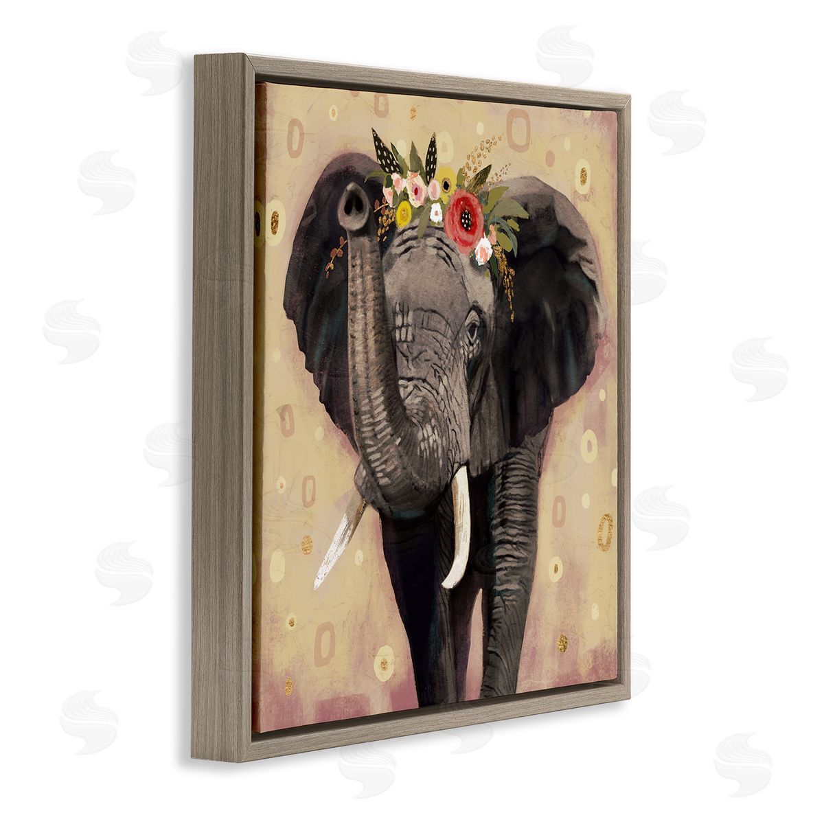 Victoria Barnes Elephant Raising Trunk Portrait Floral Crown Abstract Pattern Brown Floating Frame Canvas Wall Art Print