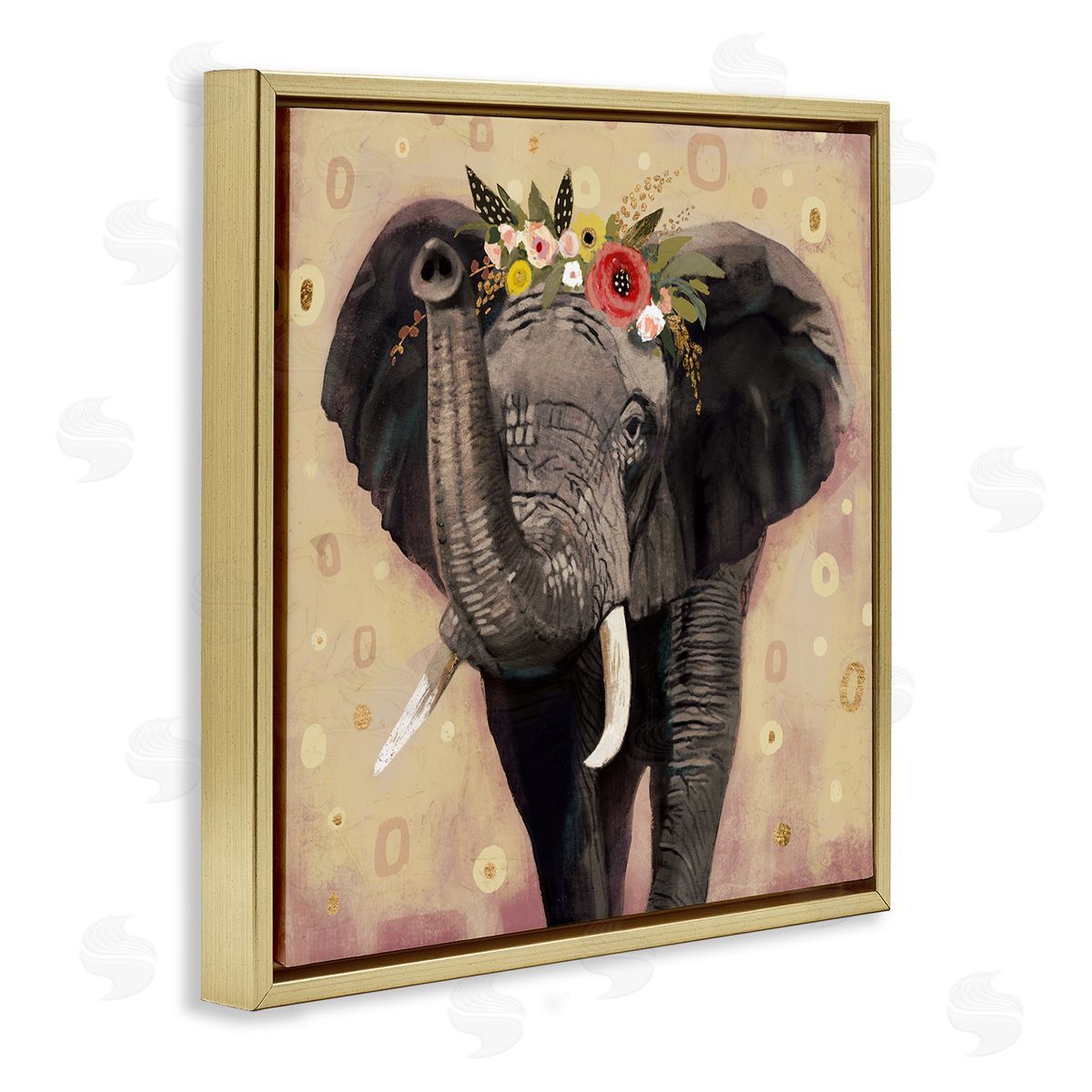 Victoria Barnes Elephant Raising Trunk Portrait Floral Crown Abstract Pattern Gold Floating Frame Canvas Wall Art Print