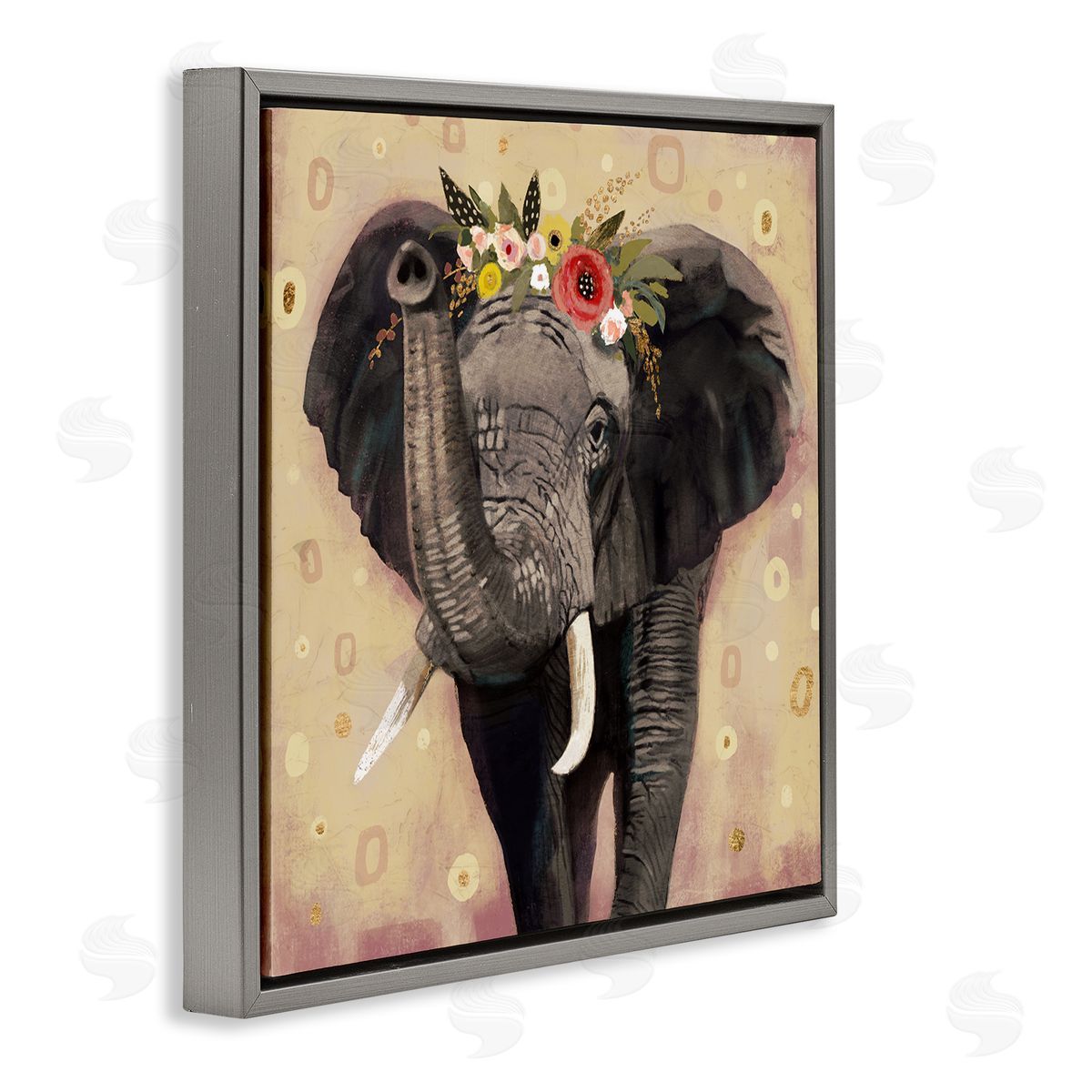 Victoria Barnes Elephant Raising Trunk Portrait Floral Crown Abstract Pattern Gray Floating Frame Canvas Wall Art Print