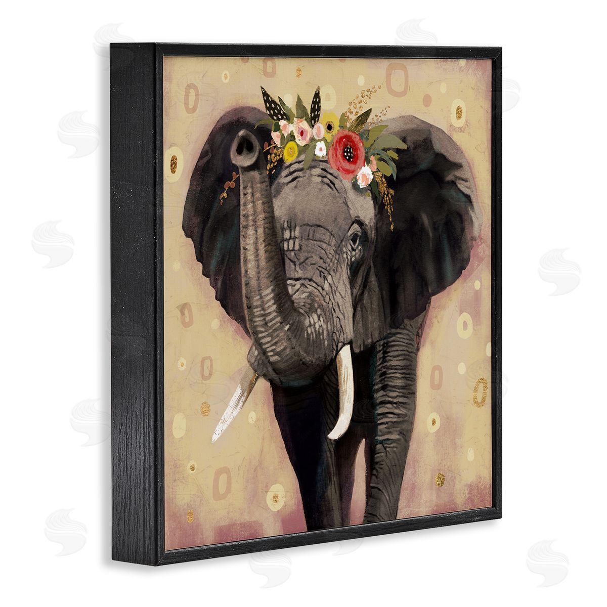 Victoria Barnes Elephant Raising Trunk Portrait Floral Crown Abstract Pattern Black Framed Glicee Wall Art Print