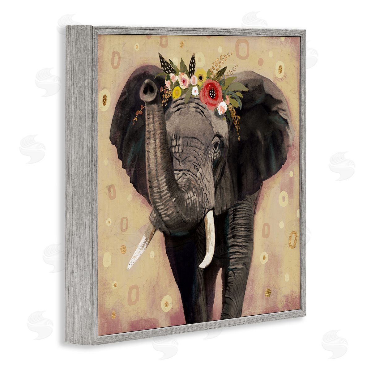 Victoria Barnes Elephant Raising Trunk Portrait Floral Crown Abstract Pattern Gray Framed Glicee Wall Art Print