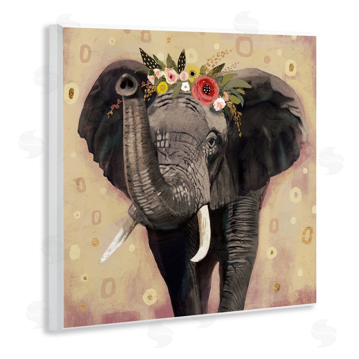 Victoria Barnes Elephant Raising Trunk Portrait Floral Crown Abstract Pattern Wooden Wall Plaque Art Print