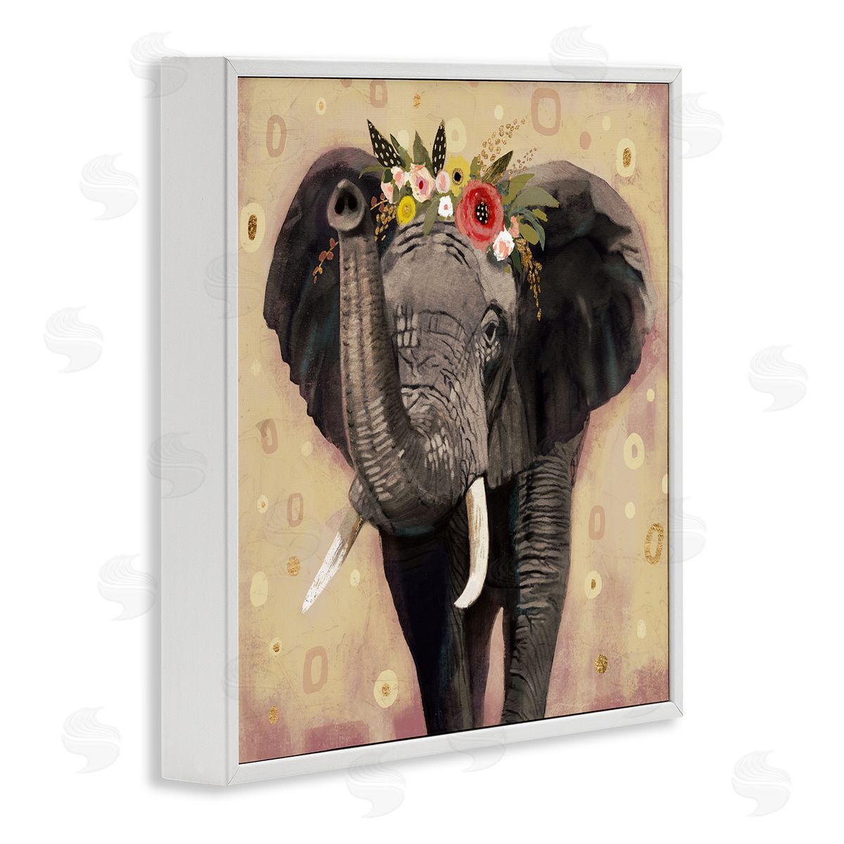 Victoria Barnes Elephant Raising Trunk Portrait Floral Crown Abstract Pattern White Framed Glicee Wall Art Print