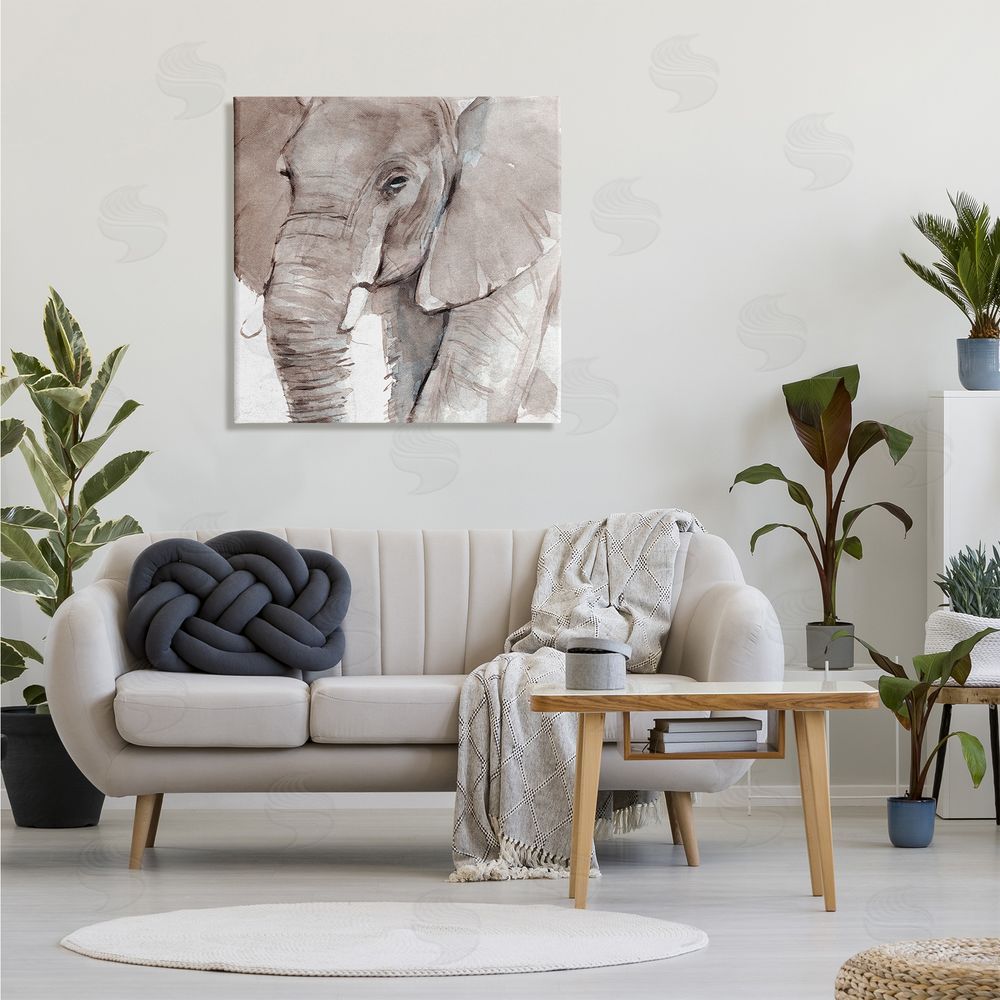 Annie Warren Elephant Trunk Animal Portrait Grey Wrinkles Small Husks Canvas Wall Art in Room