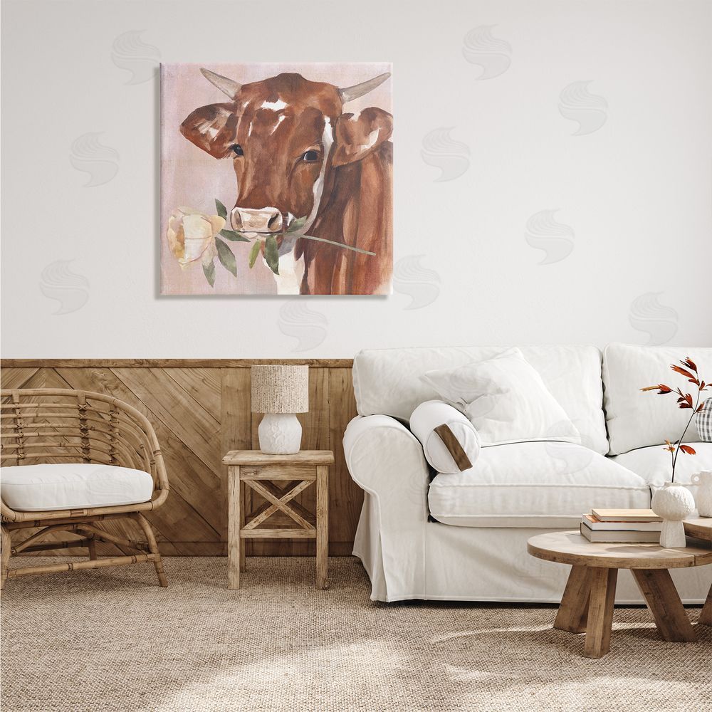 Annie Warren Romantic Bull Cattle White Rose over Pink Canvas Wall Art in Room