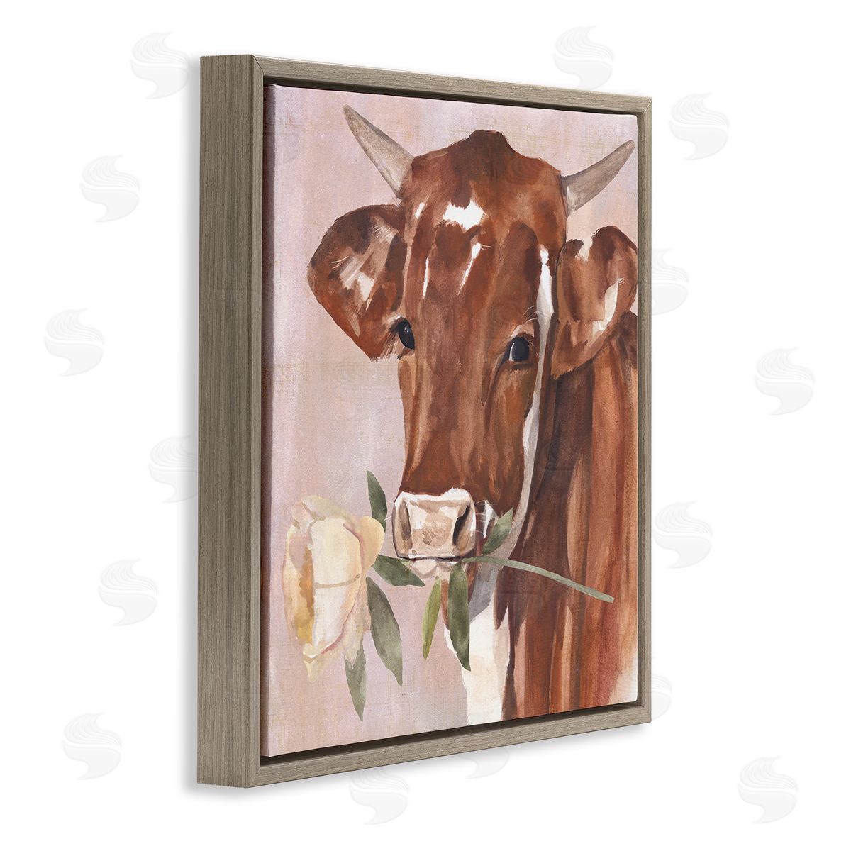 Annie Warren Romantic Bull Cattle White Rose over Pink Brown Floating Frame Canvas Wall Art Print