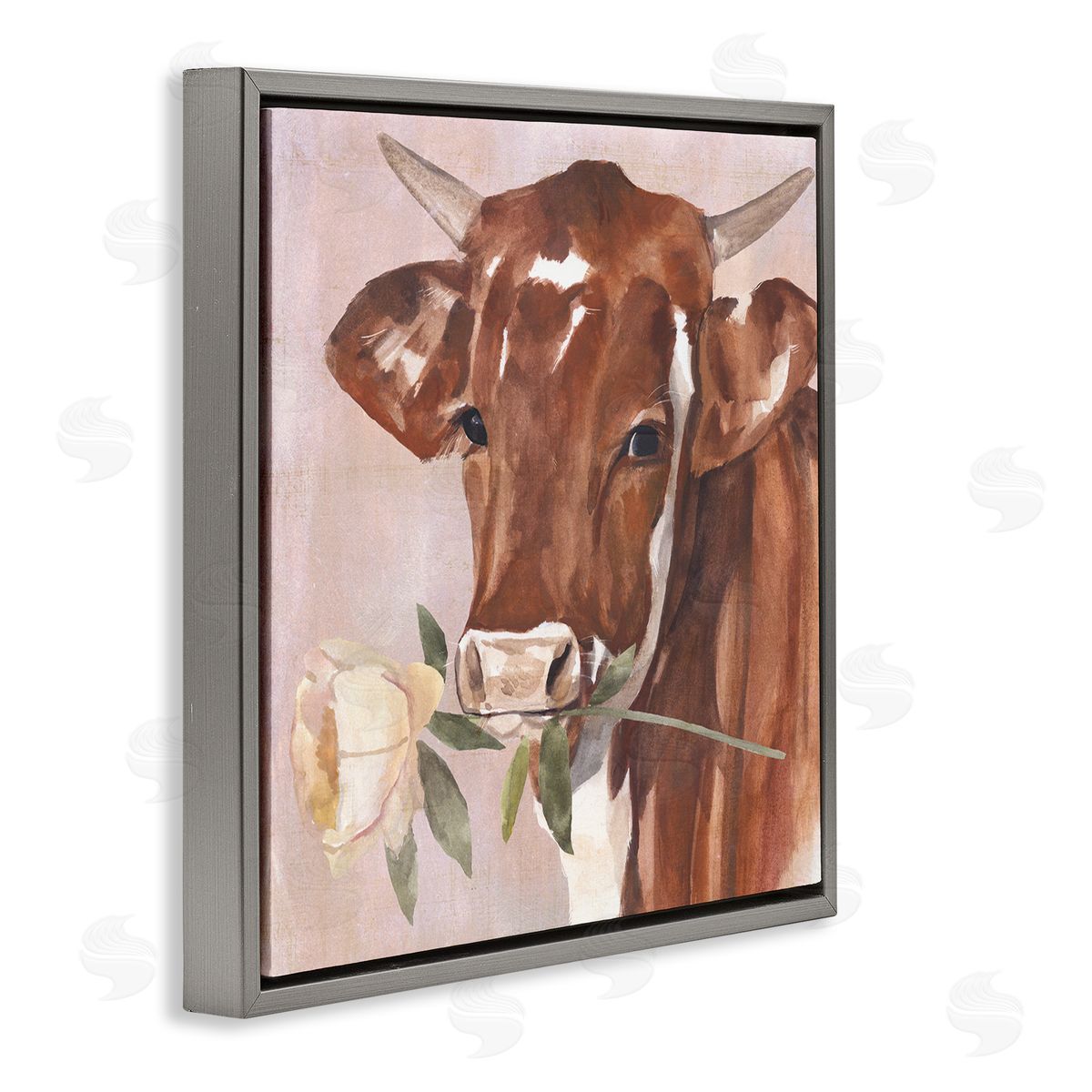 Annie Warren Romantic Bull Cattle White Rose over Pink Gray Floating Frame Canvas Wall Art Print