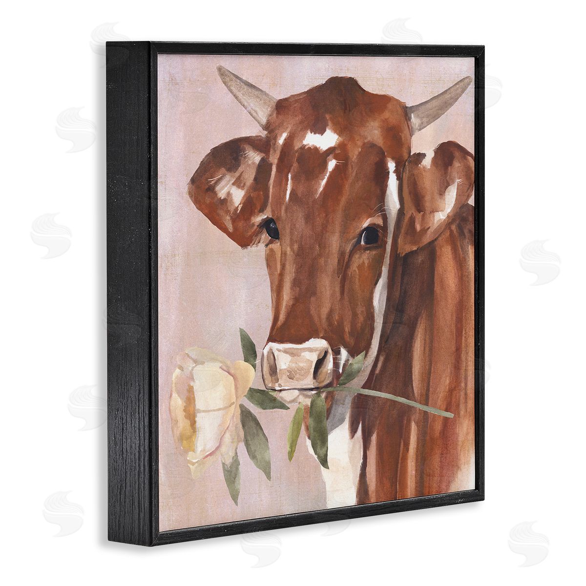 Annie Warren Romantic Bull Cattle White Rose over Pink Black Framed Glicee Wall Art Print