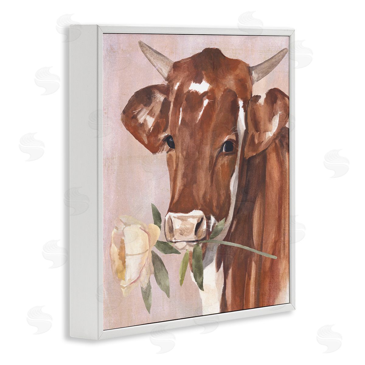 Annie Warren Romantic Bull Cattle White Rose over Pink White Framed Glicee Wall Art Print