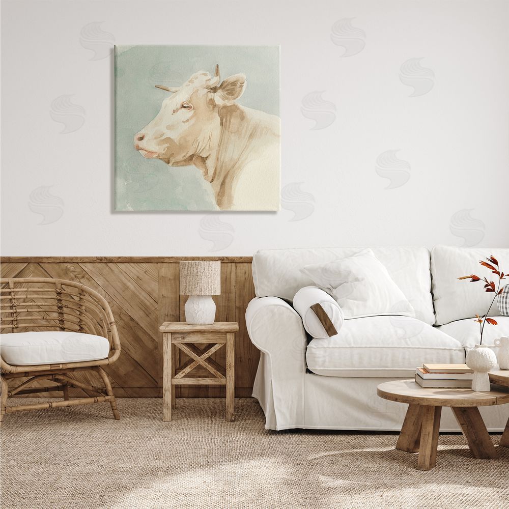 Emma Caroline Poised White Cow Watercolor Farm Animal Portrait Canvas Wall Art in Room