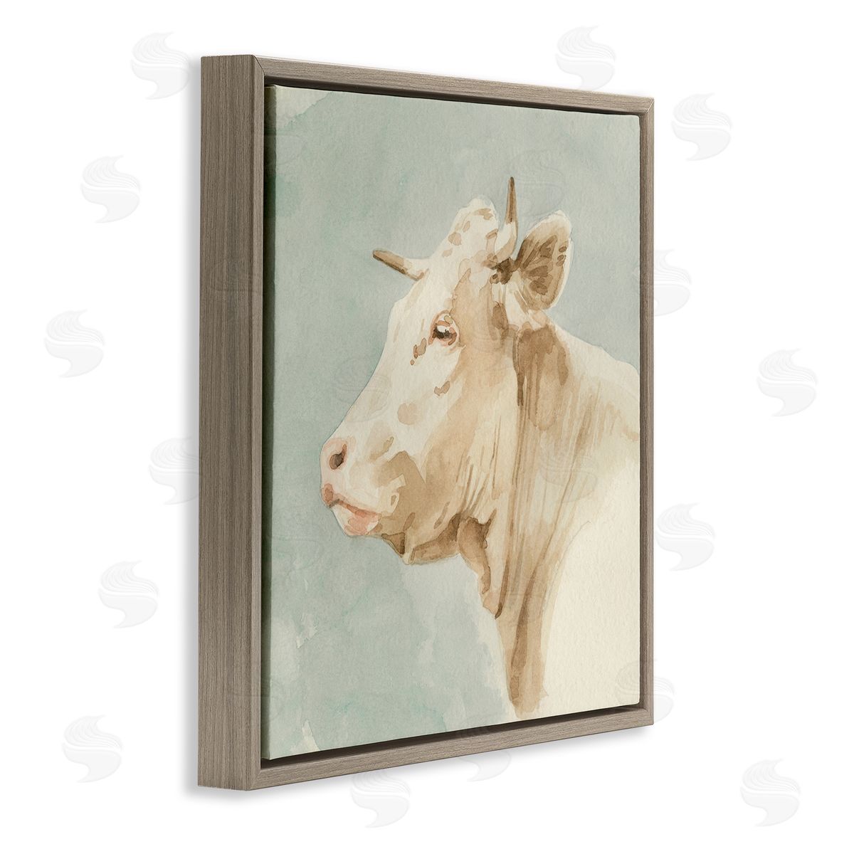 Emma Caroline Poised White Cow Watercolor Farm Animal Portrait Brown Floating Frame Canvas Wall Art Print