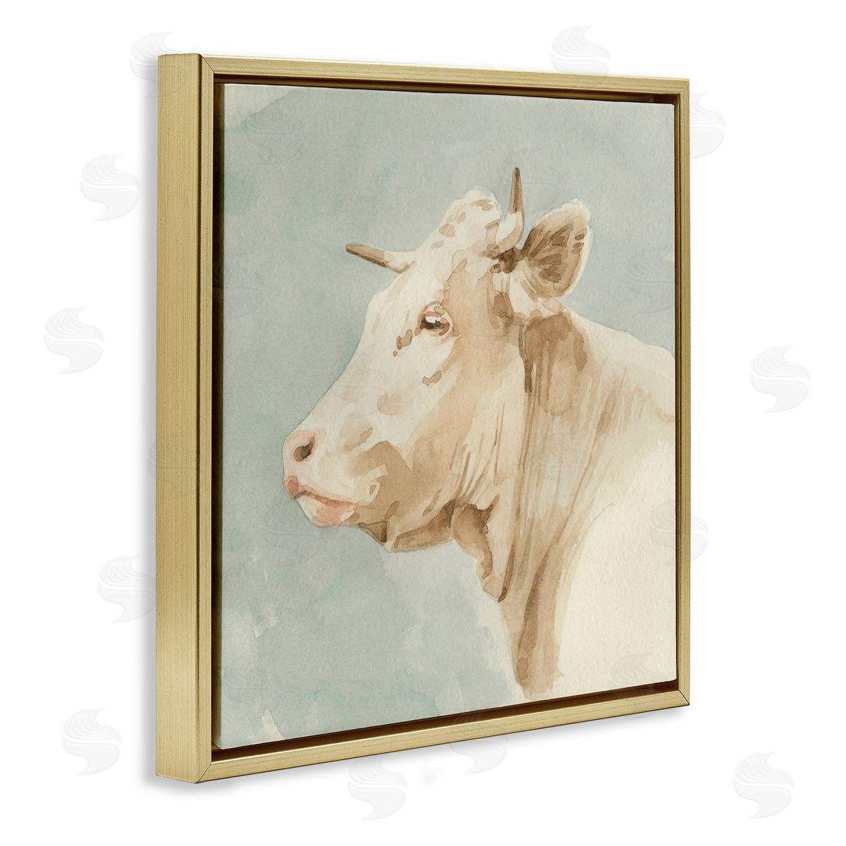 Emma Caroline Poised White Cow Watercolor Farm Animal Portrait Gold Floating Frame Canvas Wall Art Print