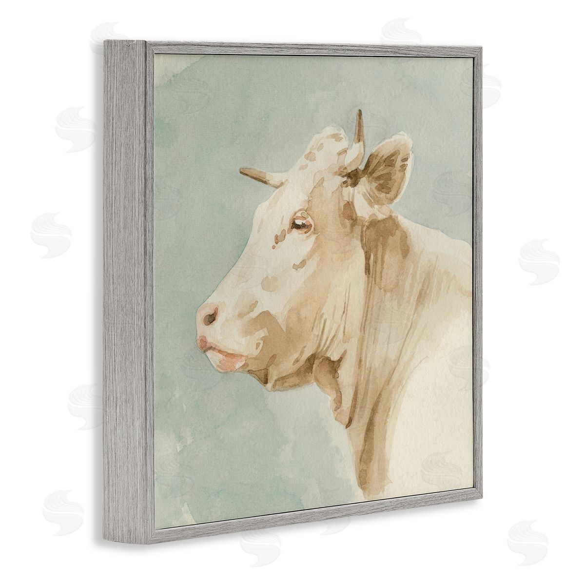 Emma Caroline Poised White Cow Watercolor Farm Animal Portrait Gray Framed Glicee Wall Art Print