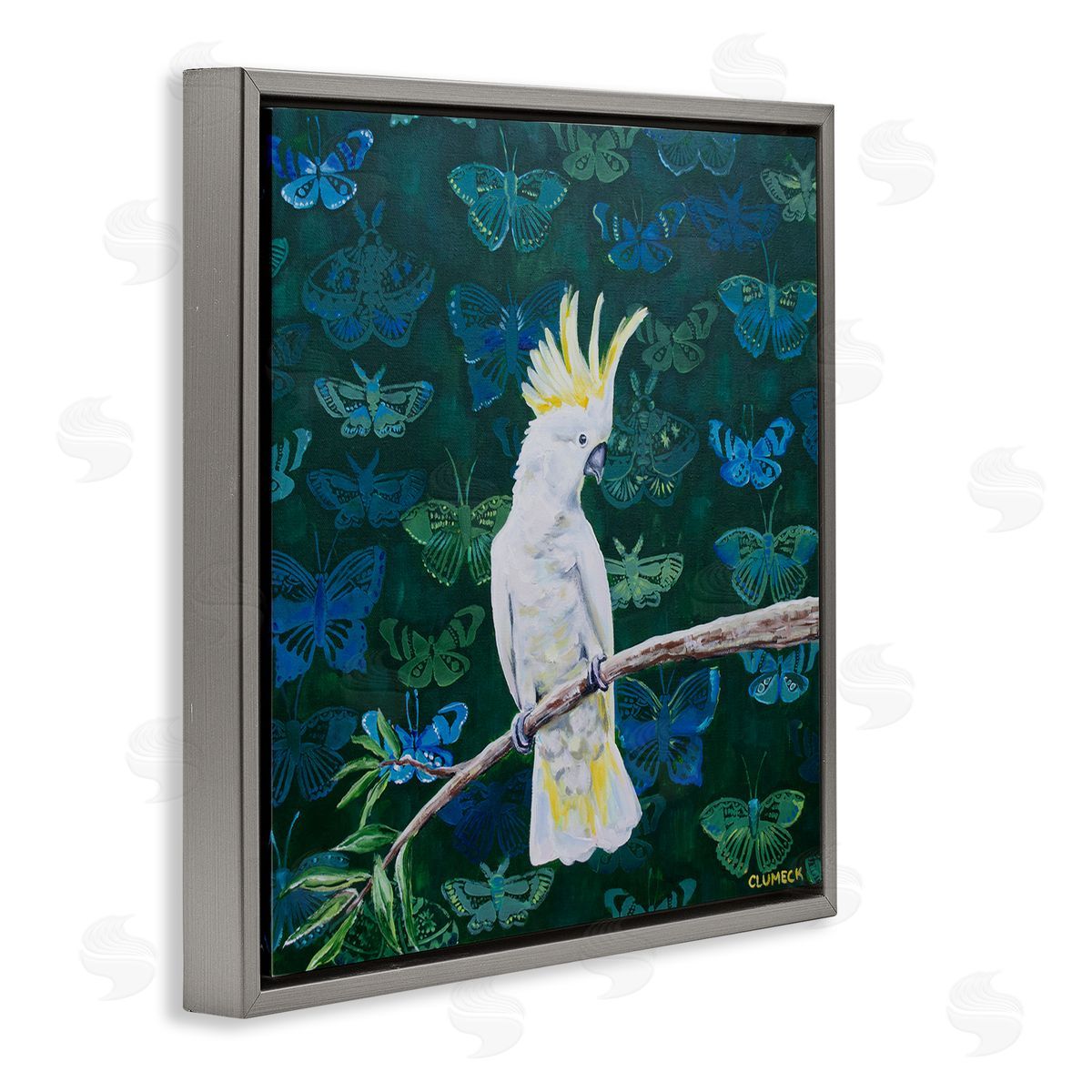 Alana Clumeck Tropical White Yellow Parrot Perched Butterfly Print Pattern Gray Floating Frame Canvas Wall Art Print