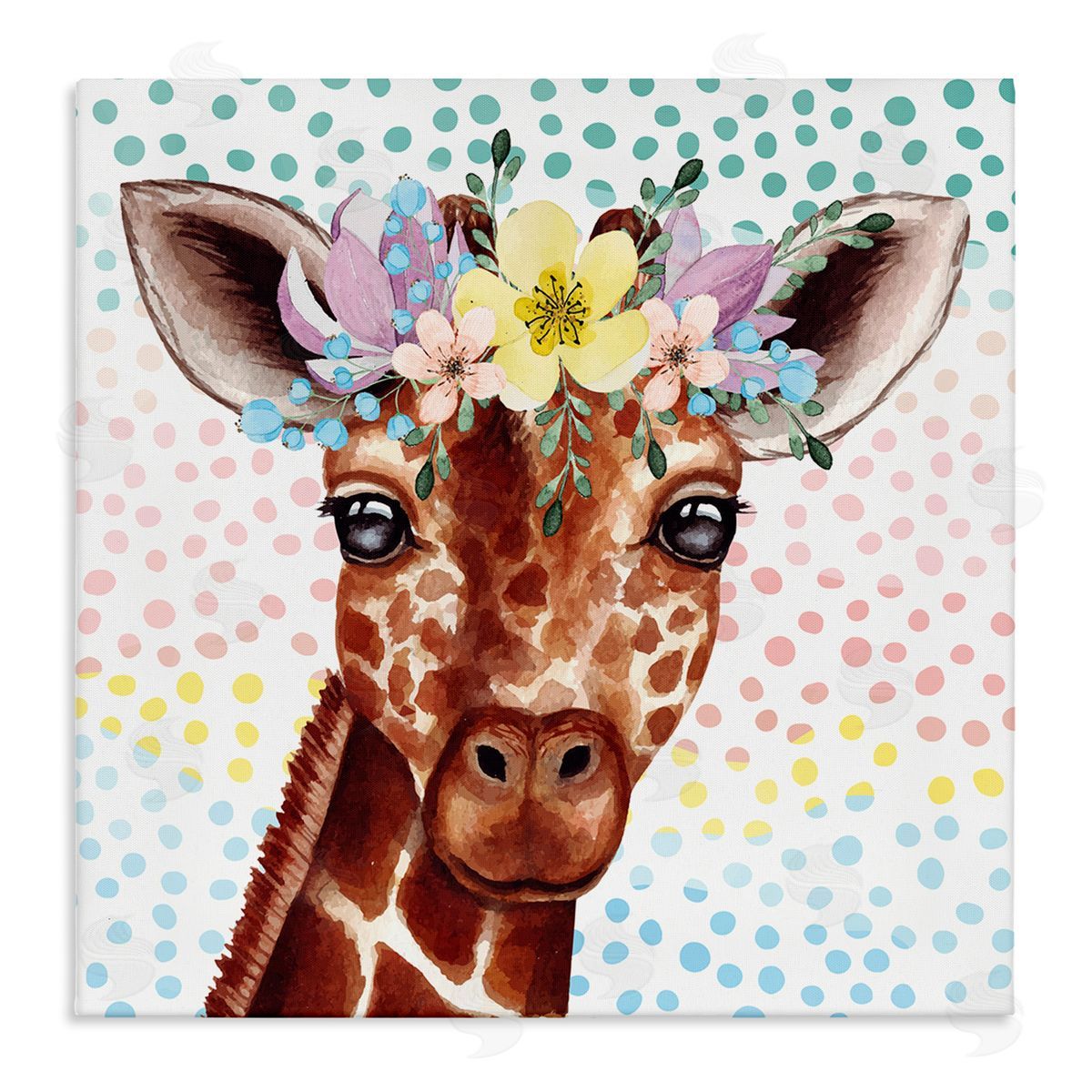Nicole DeCamp Chic Giraffe Spring Floral Crown Rainbow Polka Dot Ombre Stretched Canvas Wall Art Print