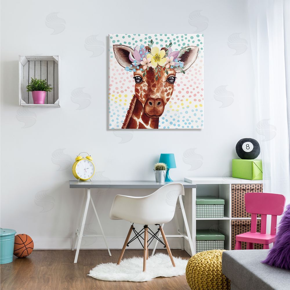 Nicole DeCamp Chic Giraffe Spring Floral Crown Rainbow Polka Dot Ombre Canvas Wall Art in Room