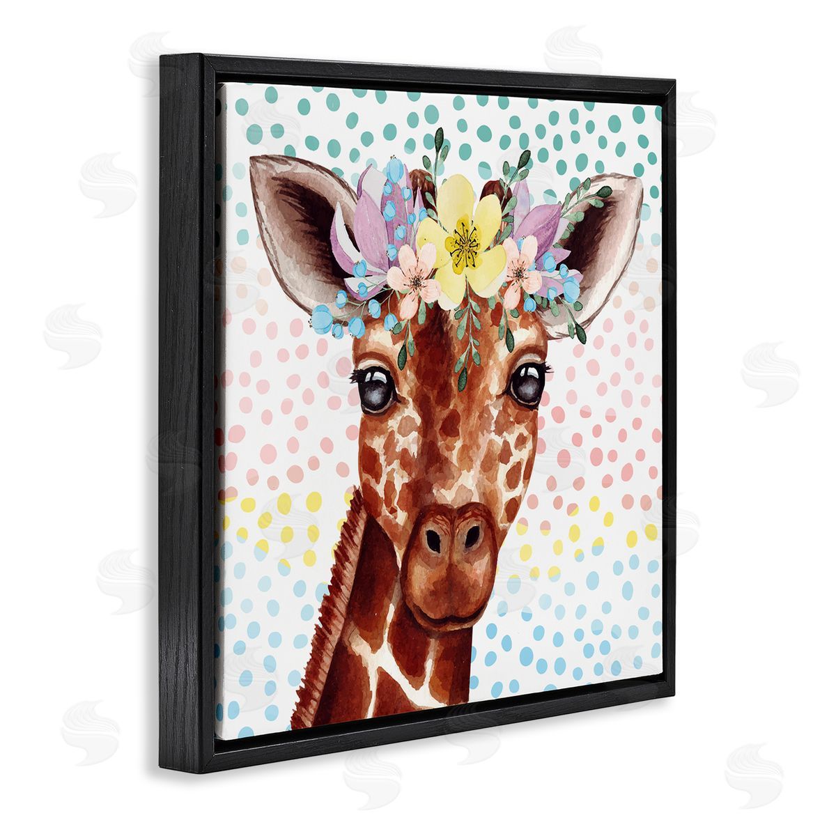 Nicole DeCamp Chic Giraffe Spring Floral Crown Rainbow Polka Dot Ombre Black Floating Frame Canvas Wall Art Print