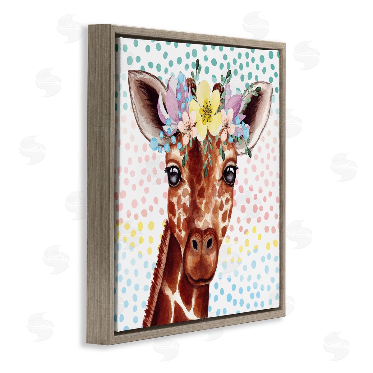 Nicole DeCamp Chic Giraffe Spring Floral Crown Rainbow Polka Dot Ombre Brown Floating Frame Canvas Wall Art Print
