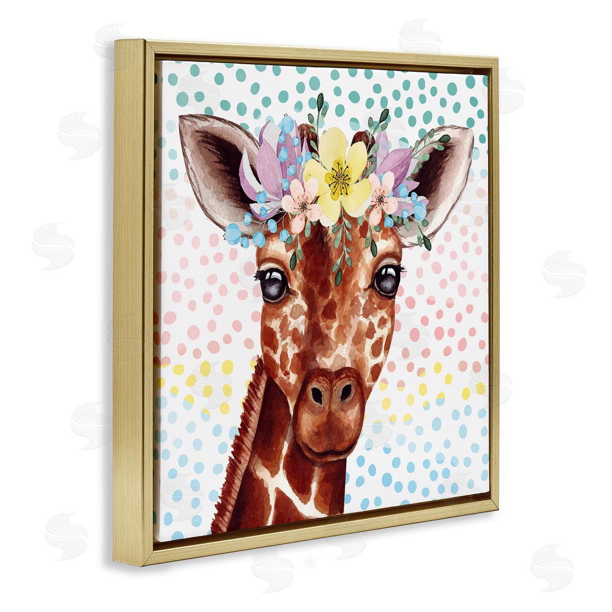 Nicole DeCamp Chic Giraffe Spring Floral Crown Rainbow Polka Dot Ombre Gold Floating Frame Canvas Wall Art Print