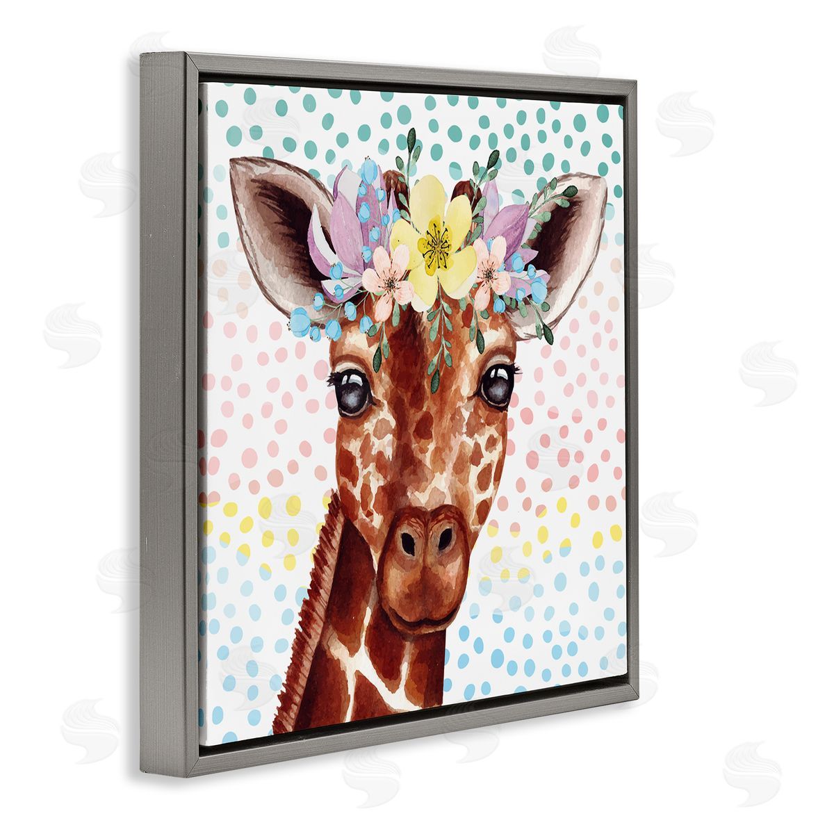 Nicole DeCamp Chic Giraffe Spring Floral Crown Rainbow Polka Dot Ombre Gray Floating Frame Canvas Wall Art Print