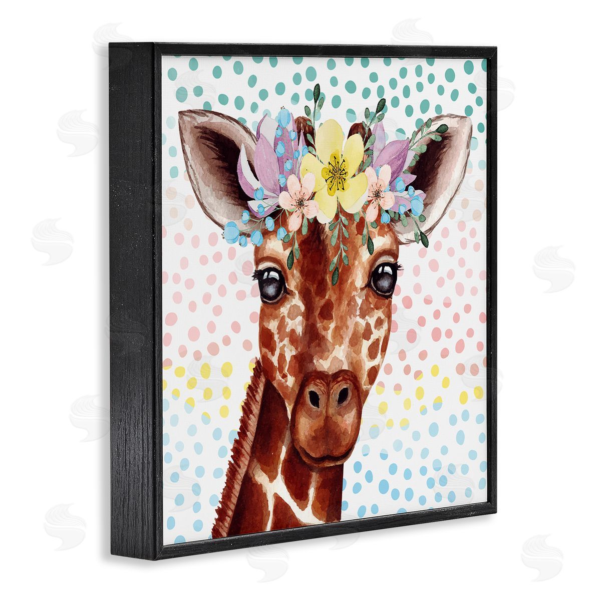 Nicole DeCamp Chic Giraffe Spring Floral Crown Rainbow Polka Dot Ombre Black Framed Glicee Wall Art Print