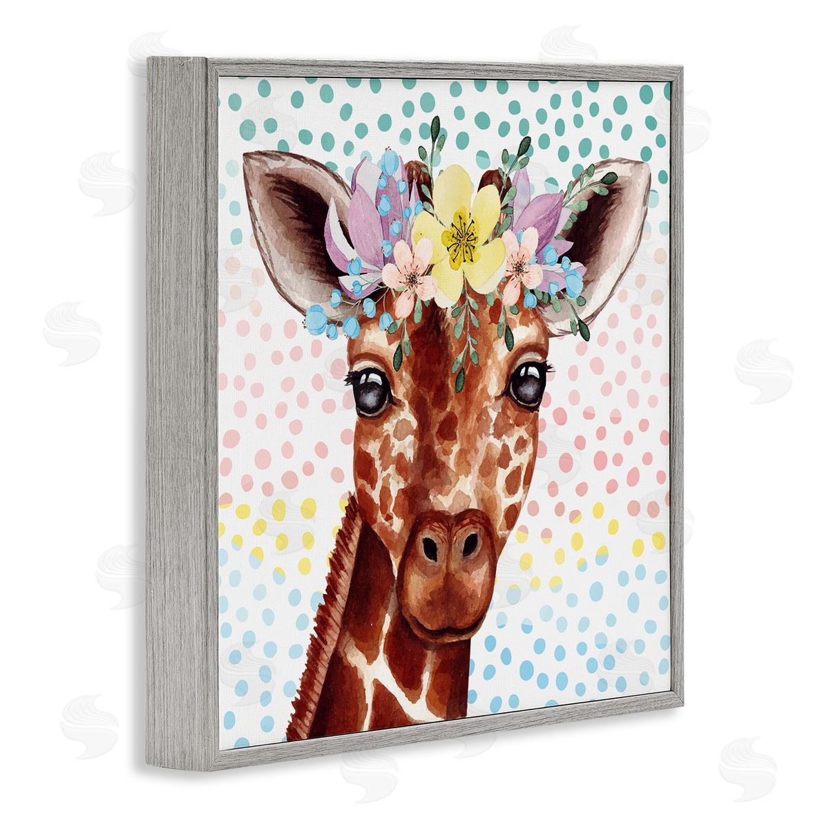 Nicole DeCamp Chic Giraffe Spring Floral Crown Rainbow Polka Dot Ombre Gray Framed Glicee Wall Art Print